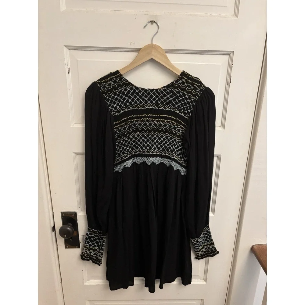 Free People Women's Black Late Night Picnic Mini Dress Embroidered‎ Size XS $148